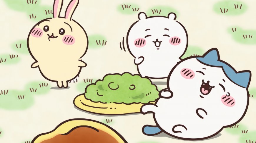 吉伊卡哇三只萌宠围坐美食旁粉绿可爱动漫电脑壁纸