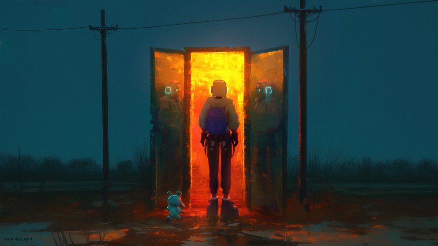 科幻少年背影站立发光门扉前蓝橙对比梦幻科幻电脑壁纸