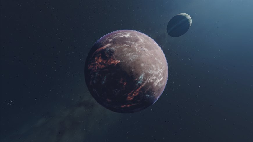 暗红斑驳星球伴蓝绿卫星深空星云暗蓝太空科幻电脑壁纸