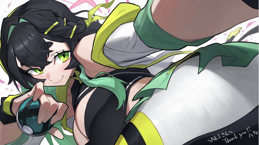 宝可梦妮莫黑发绿眸持精灵球动漫少女粉绿动漫电脑壁纸