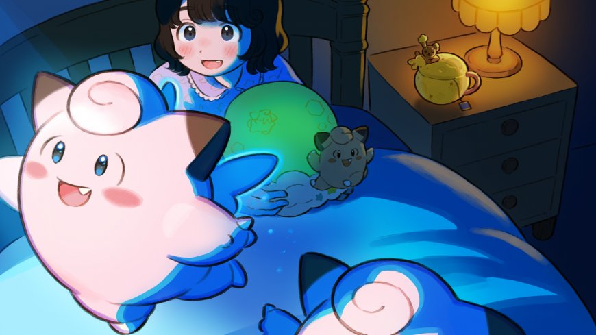 宝可梦胖丁与小智女孩温馨卧室蓝紫动漫电脑壁纸