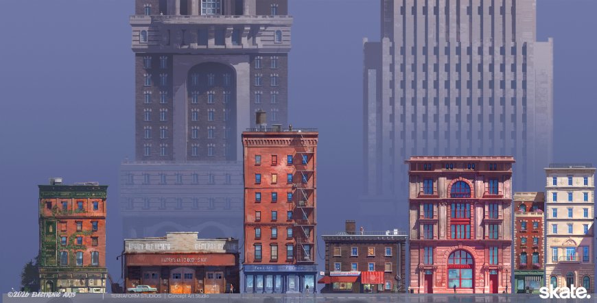 城市街景复古建筑群蓝灰调游戏壁纸