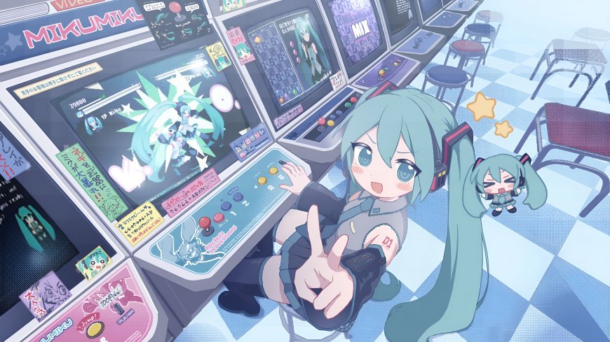 初音未来电玩厅打游戏青绿双马尾少女动漫电脑壁纸
