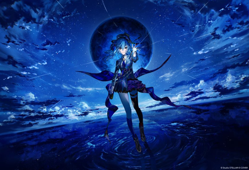 初音未来蓝发少女夜空满月星轨深蓝动漫电脑壁纸
