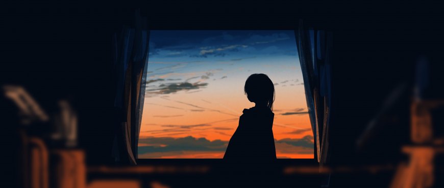 窗边少女剪影眺望橙蓝渐变晚霞情感文艺创意电脑壁纸