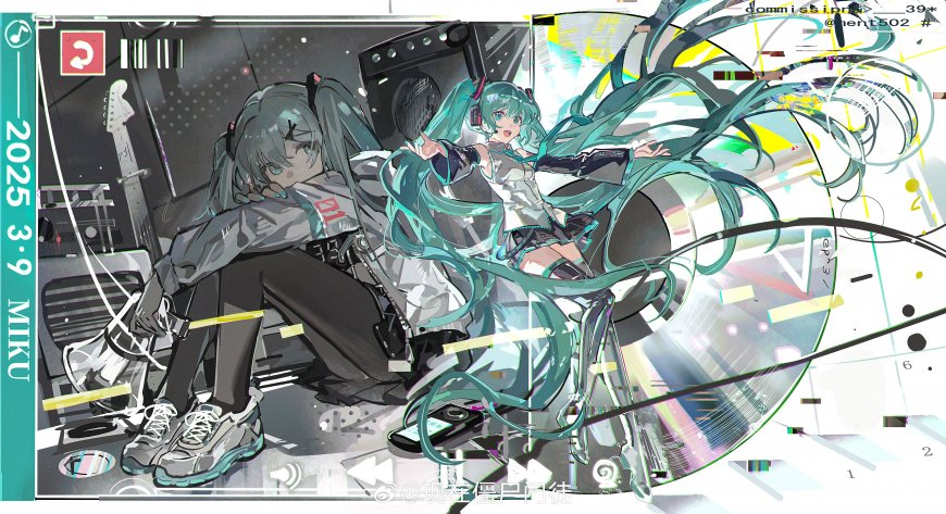 初音未来与灰发少女电音舞台青绿炫光动漫电脑壁纸