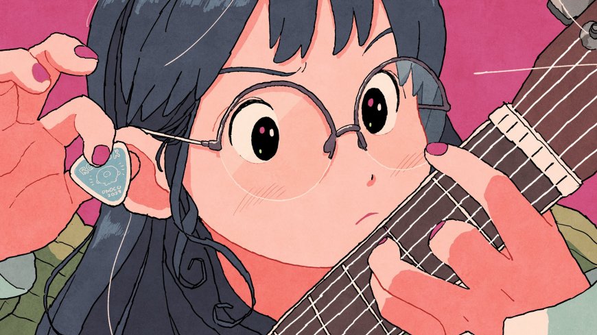 戴圆框眼镜黑发少女弹吉他粉紫动漫电脑壁纸