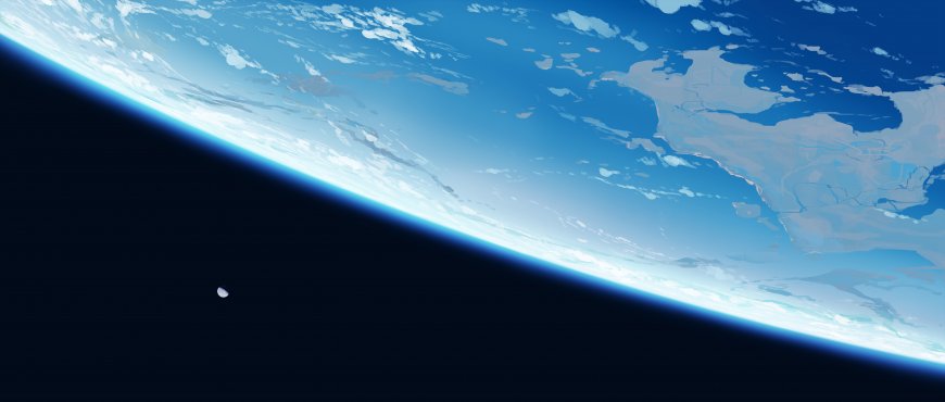 地球弧线与月球悬于深空蓝白渐变太空科幻电脑壁纸