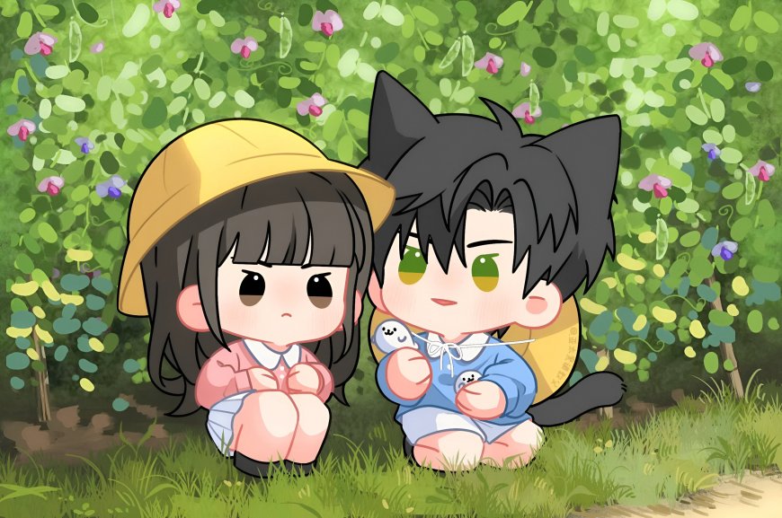 动漫角色黑发少女戴黄帽与猫耳少年坐草地绿意盎然萌系插画电脑壁纸
