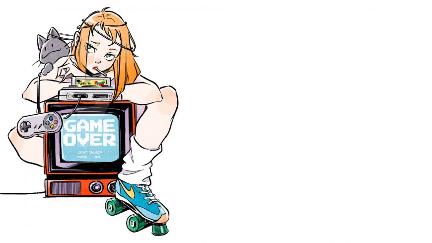 动漫少女抱猫坐复古游戏机前屏幕蓝白插画电脑壁纸