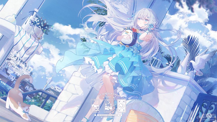 动漫少女蓝裙抱企鹅白鸽飞舞蓝白清新唯美动漫电脑壁纸