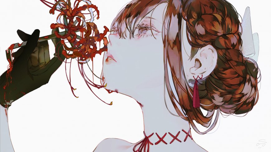 动漫少女手持彼岸花红褐发髻侧颜暗红唯美动漫电脑壁纸