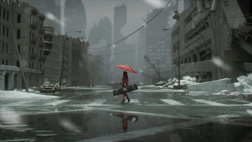 废墟城市雨中红伞少女持剑行走灰暗插画创意电脑壁纸