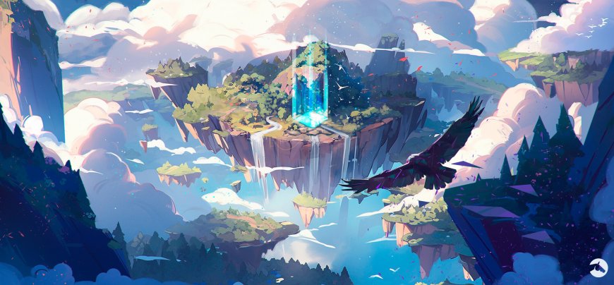 浮空岛屿水晶塔瀑布飞鸟蓝紫梦幻奇幻风景电脑壁纸