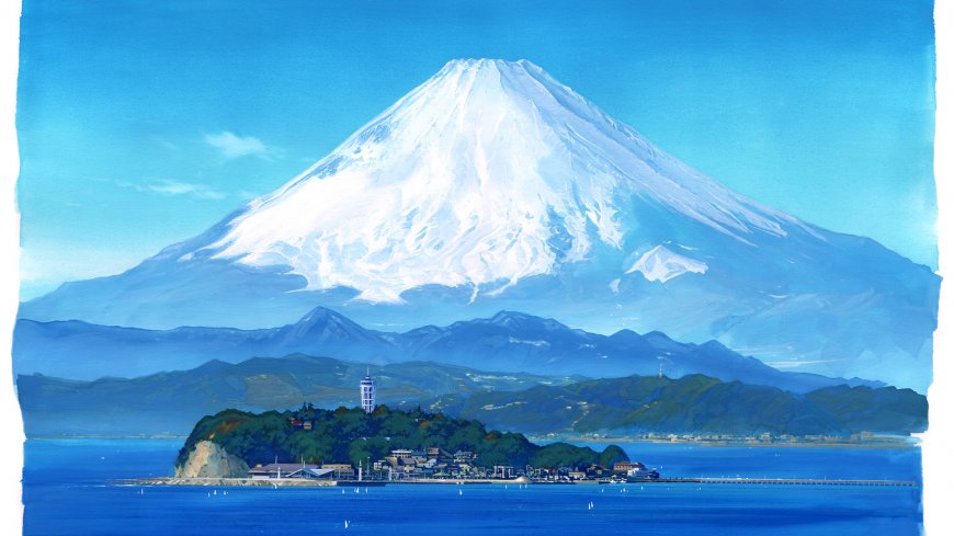 富士山雪顶巍峨蓝海小岛远山层叠蓝白风景电脑壁纸