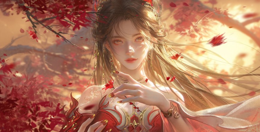 古风少女红枫飘落金眸华服暖橙唯美电脑壁纸