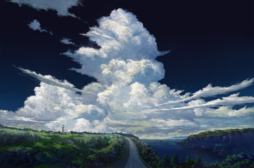 海岸公路蜿蜒伸向灯塔巨云翻涌蓝白自然风景电脑壁纸