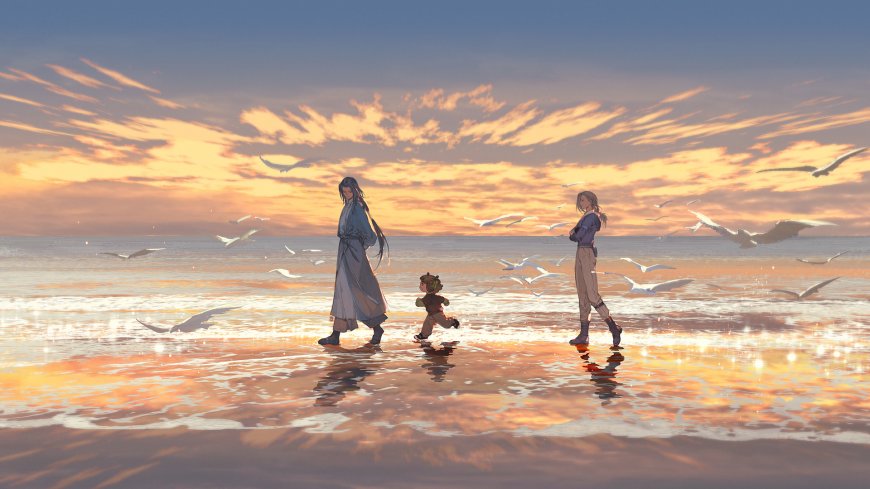 海边夕阳下三人漫步海浪间白鹭飞翔暖橙插画电脑壁纸