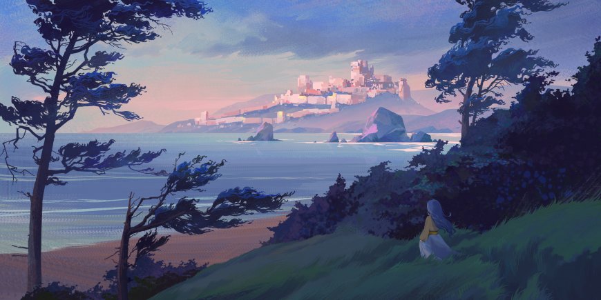 海边悬崖远眺古城少女蓝紫梦幻风景电脑壁纸