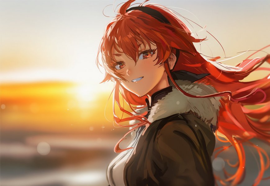 红发少女夕阳微风飘逸长发暖橙动漫电脑壁纸