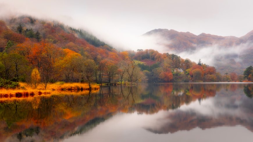 湖光山色秋林雾霭倒影橙红自然风景电脑壁纸