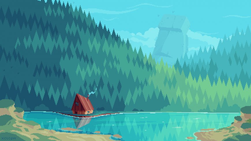 湖畔小屋森林倒影青绿插画风景电脑壁纸