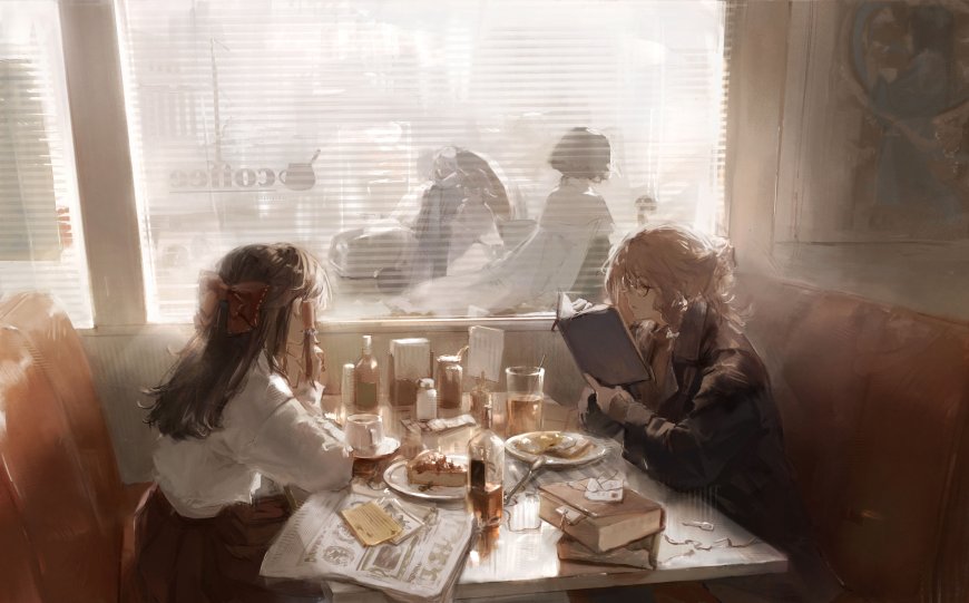 咖啡馆午后少女阅读交谈暖棕人文风土创意电脑壁纸