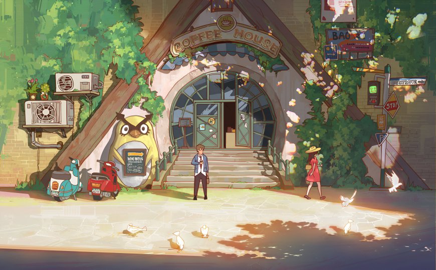 咖啡屋门前绿植环绕少年少女驻足白鸽纷飞暖金人文风土创意电脑壁纸