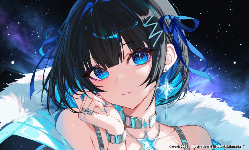 蓝发少女星芒耳饰星空背景蓝紫动漫电脑壁纸
