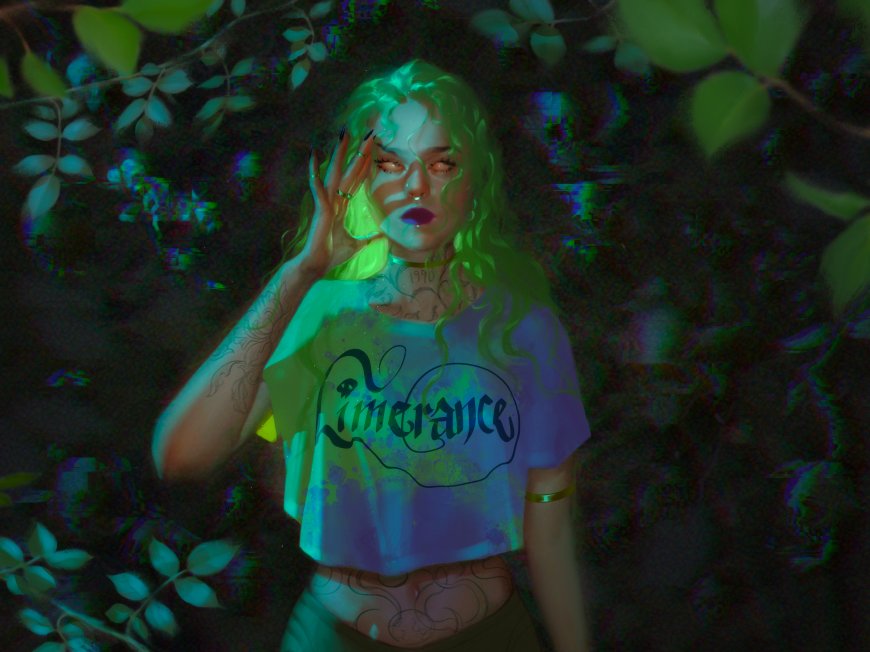 绿发少女手遮面霓虹幻彩暗黑奇幻电脑壁纸