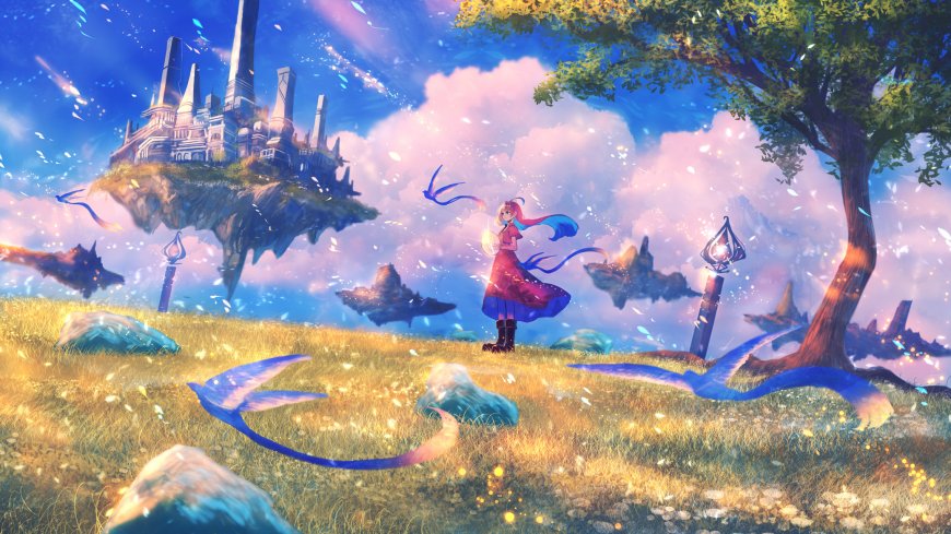 奇幻城堡浮空岛少女红发蓝裙飘带梦幻粉紫动漫电脑壁纸