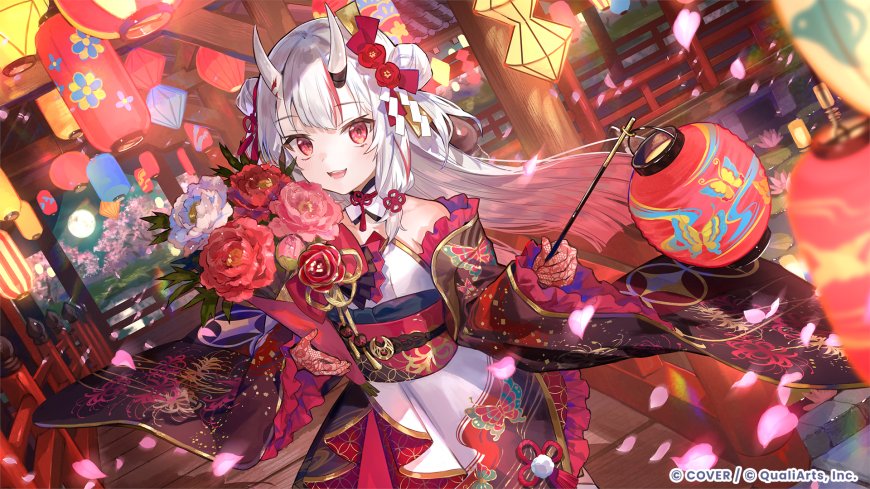 旗下白发红瞳少女持花灯笼和风祭典场景粉紫动漫电脑壁纸
