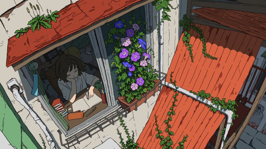 少女窗边伏案书写紫牵牛花攀爬红瓦屋檐动漫电脑壁纸