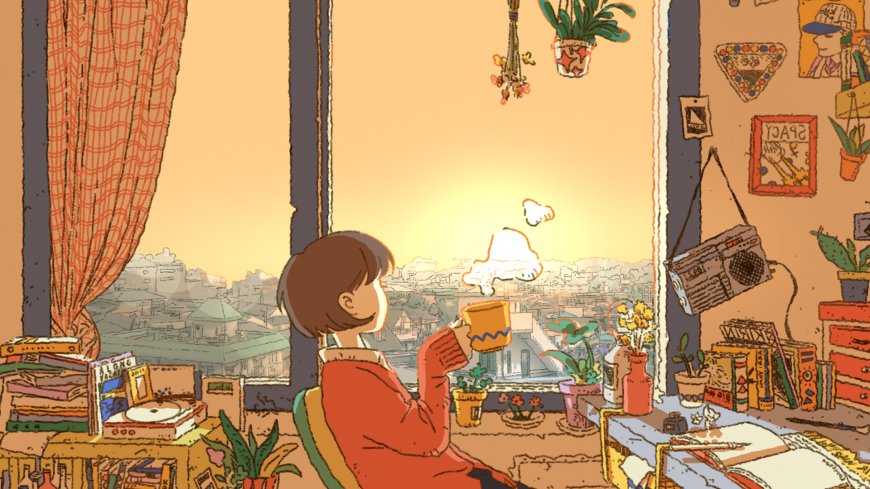 少女窗边捧杯望日落暖橙温馨插画创意电脑壁纸