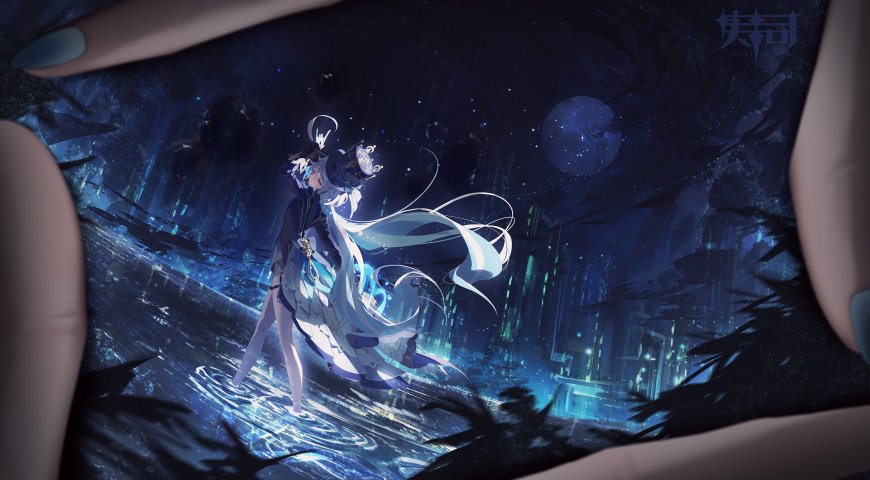 失司少女蓝白长发持械立于星夜废墟深蓝奇幻动漫电脑壁纸