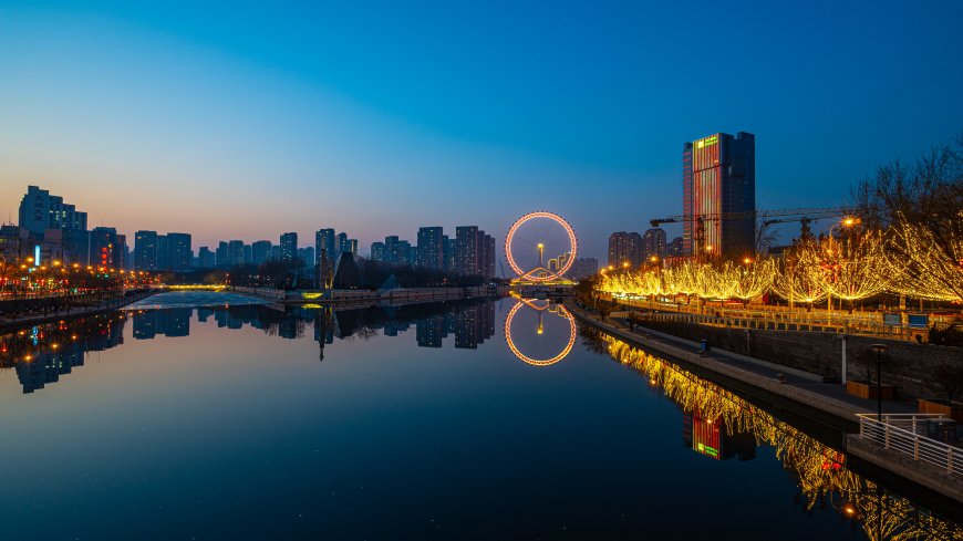 天津之眼摩天轮夜景倒影蓝金城市建筑电脑壁纸