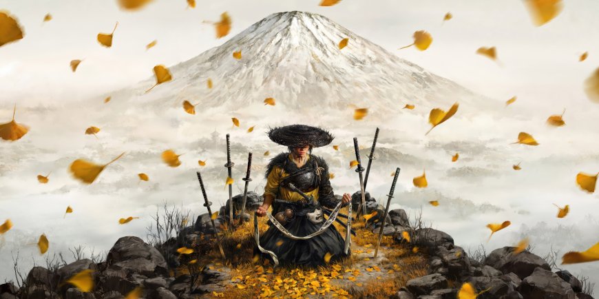 武士坐岩持刀富士山秋叶纷飞暗金古风电脑壁纸