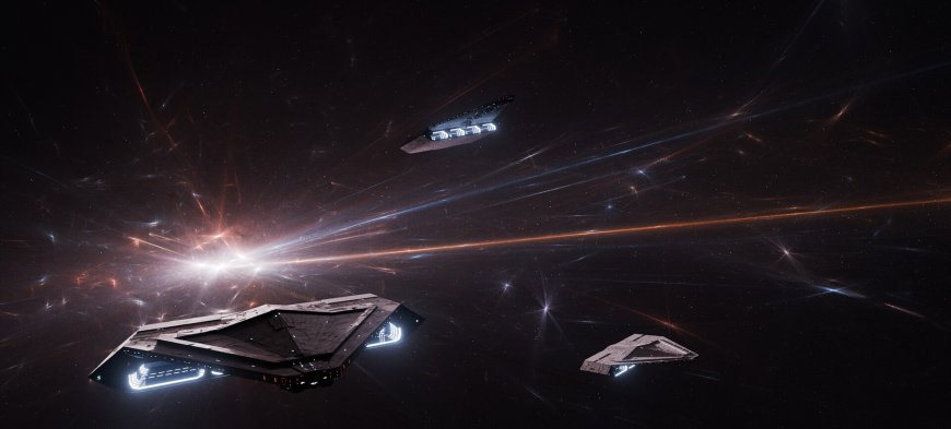 星际战舰编队穿越星云光轨暗蓝太空科幻电脑壁纸