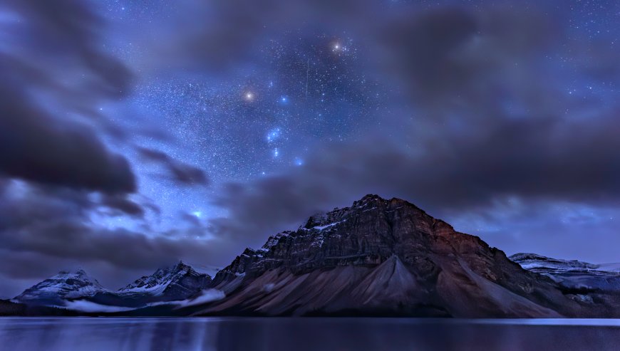 星空璀璨雪山倒影湖面蓝紫风景电脑壁纸