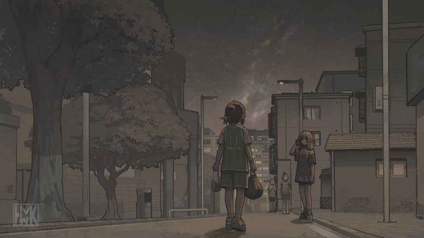 夜晚街巷星空下双马尾少女背影灰紫创意插画电脑壁纸