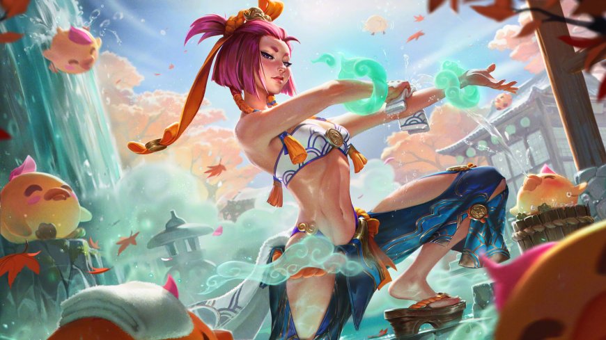 英雄联盟阿卡丽泳装皮肤粉发少女水花飞溅蓝白奇幻动漫电脑壁纸