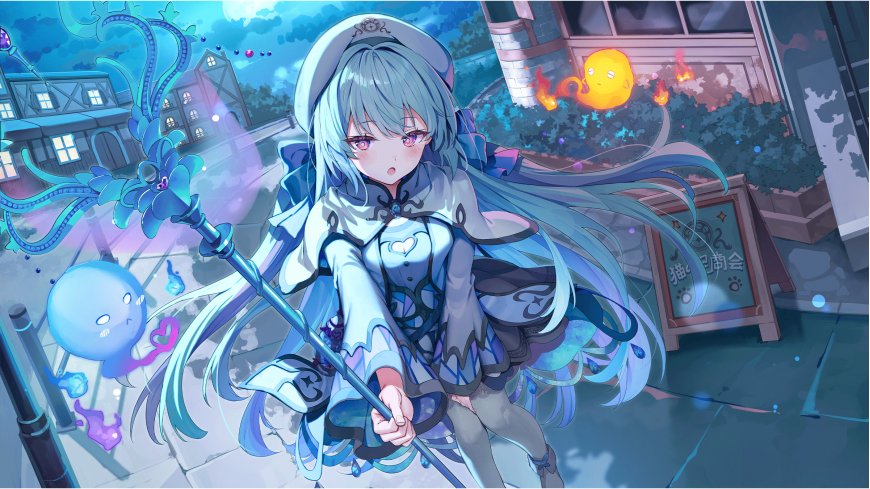 原神芙宁娜蓝发持杖魔法少女蓝紫奇幻动漫电脑壁纸