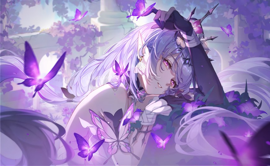 原神夜兰紫蝶环绕银发少女梦幻紫调动漫电脑壁纸