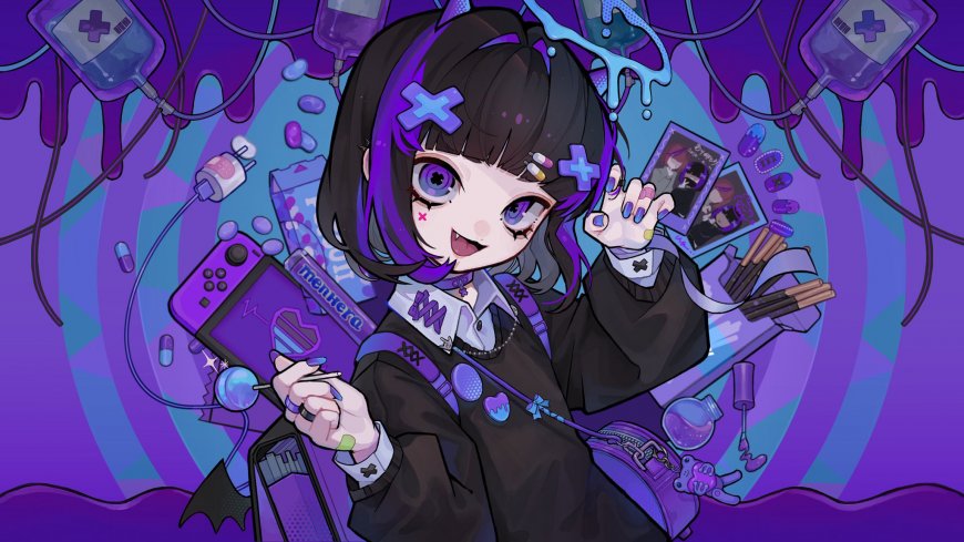 紫发蓝瞳少女手持游戏机与药瓶紫蓝炫彩动漫电脑壁纸