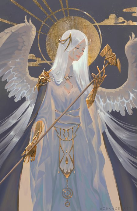 白发天使少女持权杖闭目沉思金蓝神圣奇幻手机壁纸