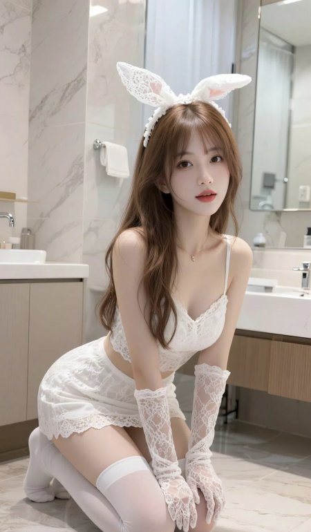白裙兔耳少女跪姿浴室纯白人物摄影手机壁纸