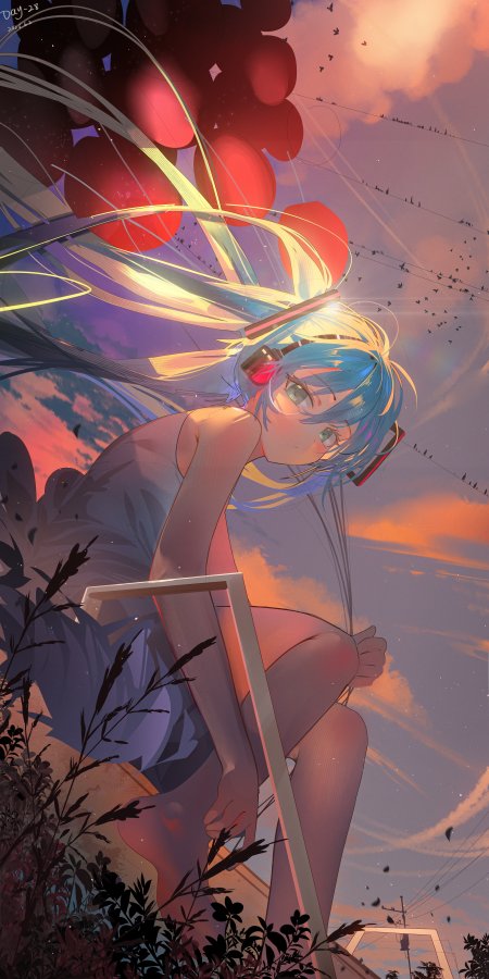 初音未来蓝发双马尾少女仰望天空橙紫渐变动漫手机壁纸