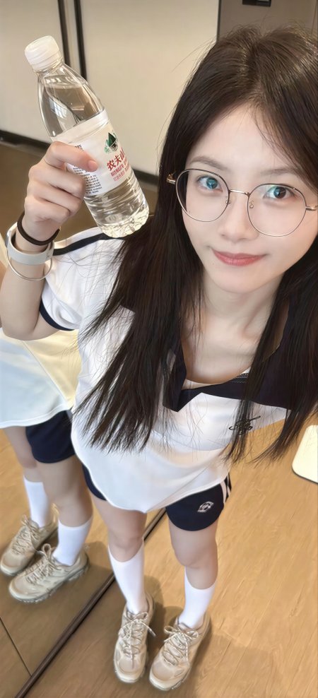 戴眼镜长发少女手持农夫山泉矿泉水瓶白蓝运动装暖调人物摄影手机壁纸
