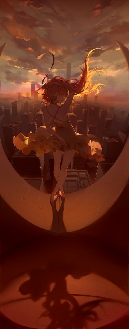 动漫角色红发少女城市黄昏剪影暖橙奇幻手机壁纸