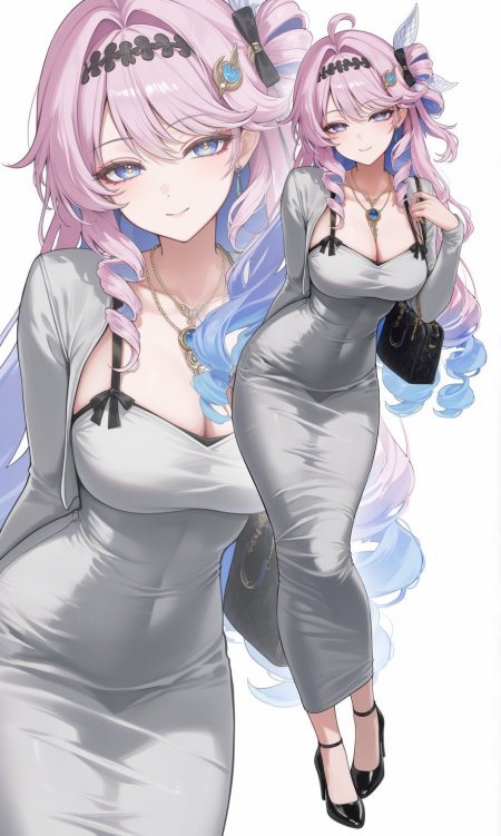 粉蓝渐变发色少女灰色礼服动漫手机壁纸